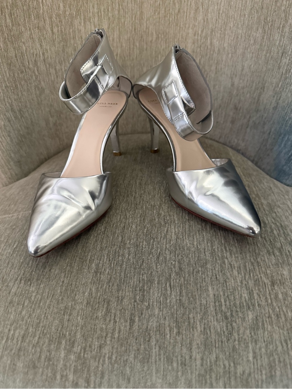 Cole Haan Silver Metallic Pointed-Toe Ankle Strap Heels backzip. Sz 8-1/2B